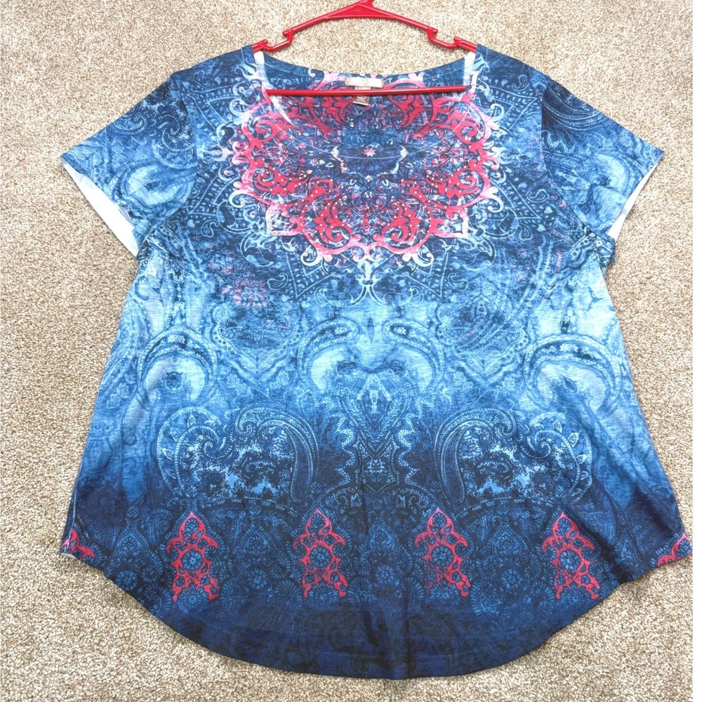 White Stag Womens XL Blue Red Paisley Mandala Rhinestone USA 4th of July Top